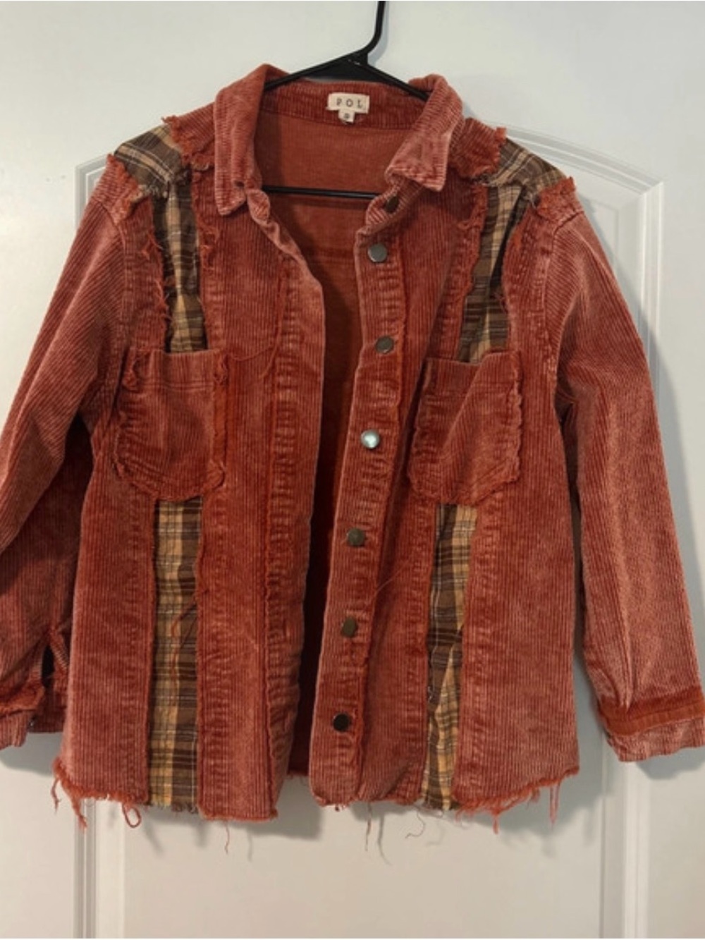 POL Corduroy and Plaid Patchwork Shacket - Rust PTP 21” - Picture 2 of 2